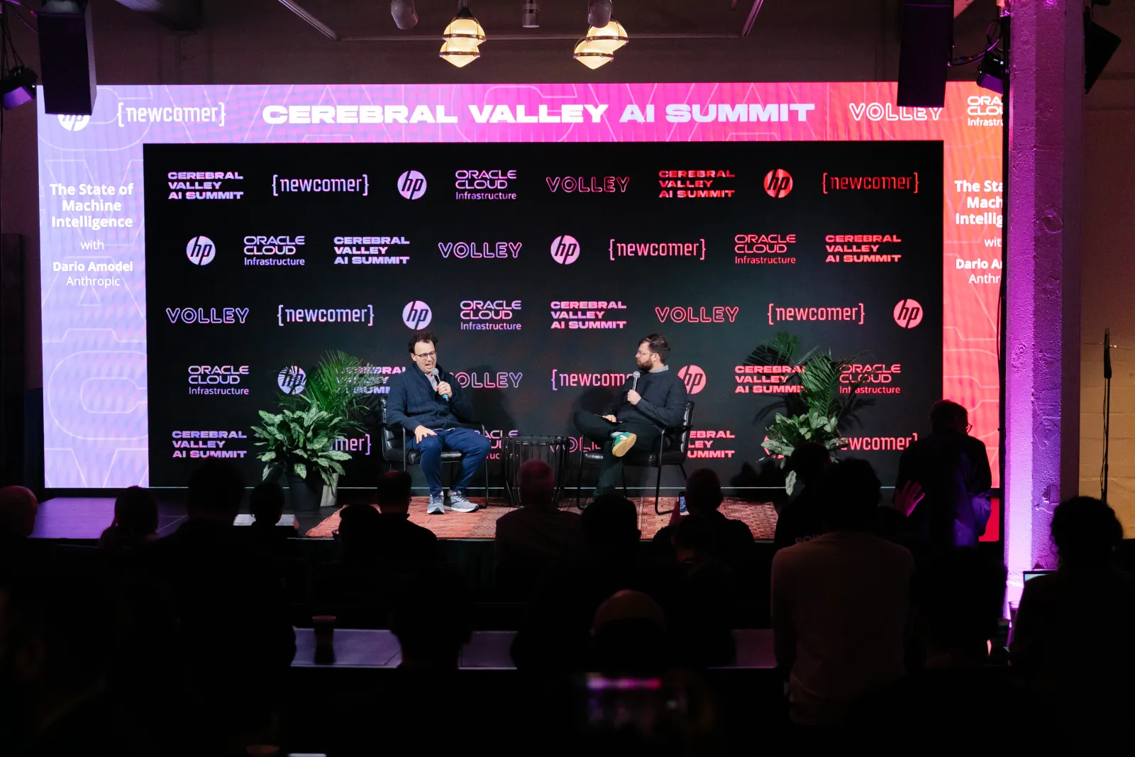 Dario Amodei and Eric Newcomer on the CVAI4 stage for The State of Machine Intelligence