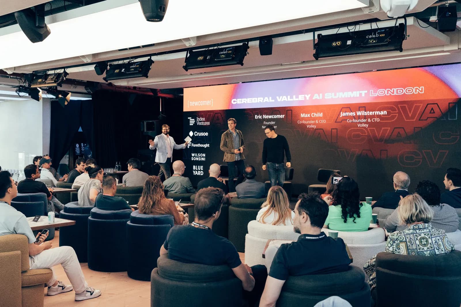 Eric Newcomer, Max Child, and James Wilsterman opening the first Cerebral Valley AI Summit London