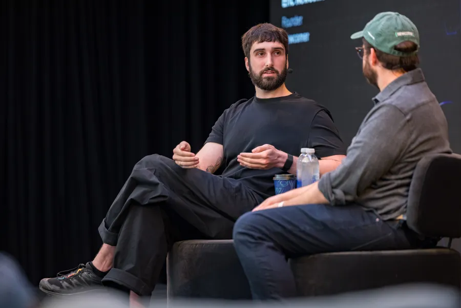 A founder in conversation with Eric Newcomer on the CVL2 stage