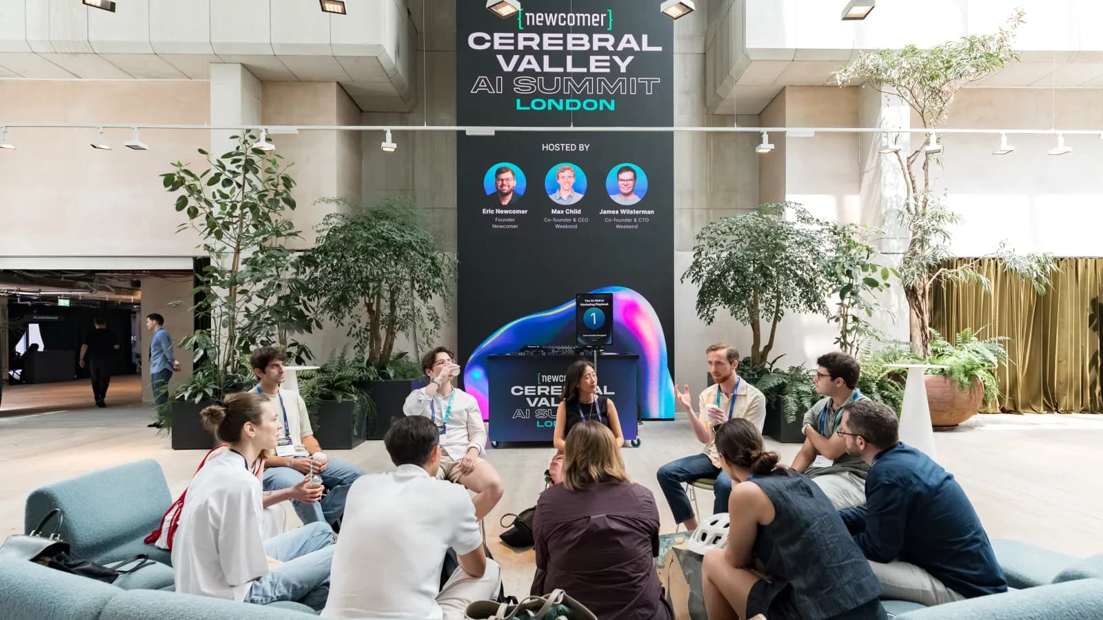 A discussion group beneath the Cerebral Valley AI Summit London banner at 180 Studios